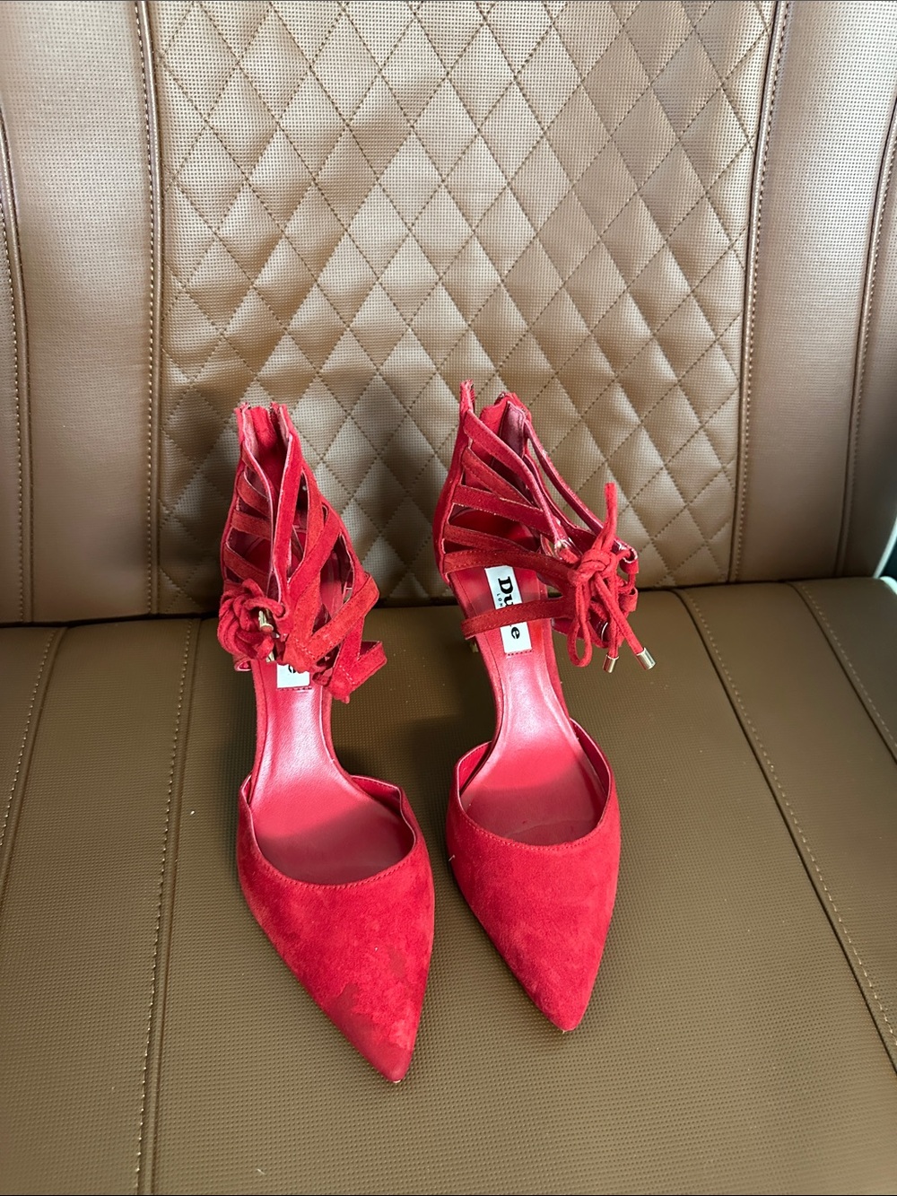 Dune London Red Suede Pointed-Toe Lace-Up Heels